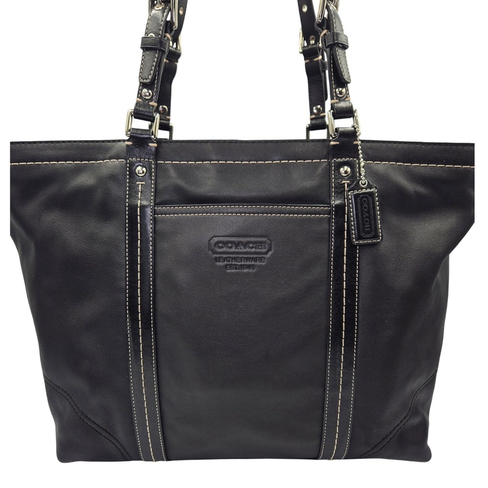 Coach Hampton Black Leather Tote Bag Contrast Stitch - Picture 2 of 11